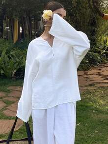 Dazy Tall Women's Loose Long Sleeve Vacation Style Pullover Casual Shirt Fall - White - View 9