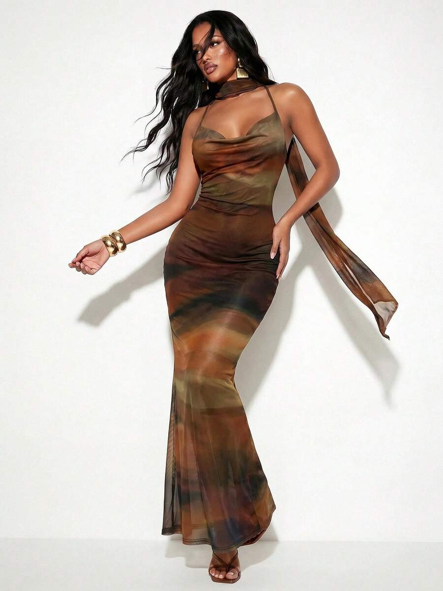 Normani Women's Pastal Draped Neck Fitted Elegant Sexy Long Dress Golf - Chocolate Brown - View 1