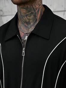 SLATEMANN 男士條紋短袖拉鍊領襯衫與短褲休閒套裝 - 黑色 - 查看 8