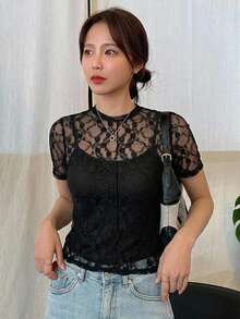 DAZY 女款圓領蕾絲短袖休閒優雅上衣 夏季 - 黑色 - 查看 6