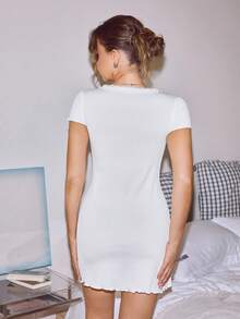 Lowkey Lull Vestido de Dormir de Manga Corta con Falda, unicolor, Minimalista, Patchwork de Encaje, Cuello Cuadrado, Cómodo, Simple y Elegante, Casual de Otoño, EasyComfort AutumnSlumber, Ropa de Estar en Casa para Mujer - Blanco - Ver 4