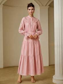 ZEYLAH Gaun Elegan Chiffon Mengkilap dengan Patchwork Renda - Dusty Pink - View 4