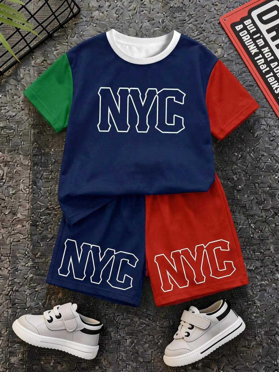 兒童小男孩休閒簡約T恤套裝,經典紅、藍、綠、白拼色圖案印花,NYC文字圖案印花,夏季返校穿搭 - 彩色 - 查看 1