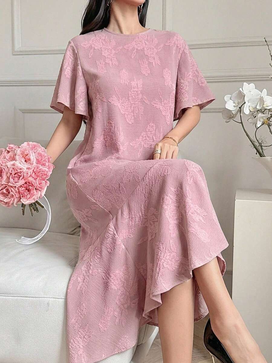 DAZY Spring Summer Round Neck Short Sleeve Pink Jacquard Floral Pattern Loose Fit Mid-Length Dress For Women - Pink - View 1
