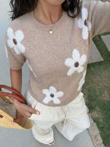 Flora Isola Flora Isola Spring/Summer Casual Romantic Commute Elegant Women's Solid Color Short Sleeve Round Neck Pullover Jacquard Floral Knit Top For Office Brunch - Khaki - View 3