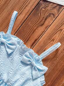 Souflis Souflis Young Girls Summer Cute Fresh 2 Pieces Set, 3D Bow Dress-Style Camisole Top + Loose Straight Wide Leg Pants, Suitable For Daily Wear, Travel, Vacation, Party, Gathering - Blue - View 7