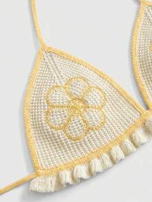 ROMWE Plus Size Spring Cute Floral Triangle Cup Swimsuit With Beach Vacation Knit Top And Mini Shorts Set - Yellow - View 2