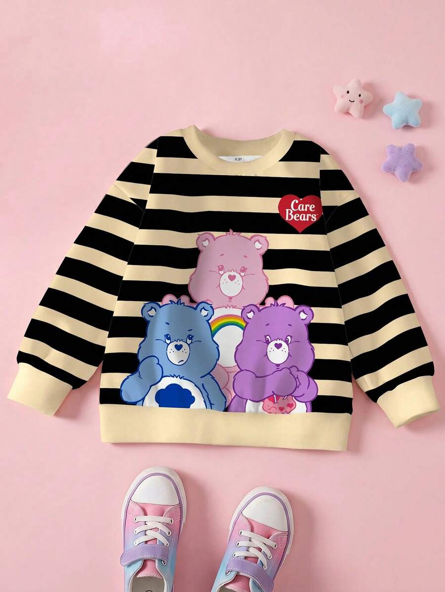 SHEIN X Care Bears 年轻女孩卡通条纹卫衣 - 白色 - 查看 1