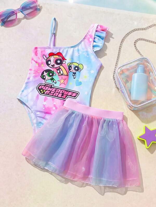 Maija Kids THE POWERPUFF GIRLS X SHEIN Conjunto de 2 piezas de traje de baño de una pieza sin mangas y falda con patrón de dibujos animados de punto suave para niñas jóvenes, versátil y cómodo