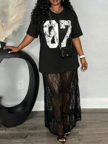 Slaydiva Große Größen Sommer Mode Digitaldruck T-Shirt & Spitzenrock 2 Stücke Set - Schwarz - Übersicht 8
