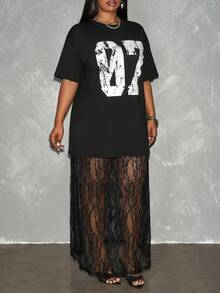 Slaydiva Große Größen Sommer Mode Digitaldruck T-Shirt & Spitzenrock 2 Stücke Set - Schwarz - Übersicht 9