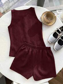Tween Girl Metal Buckle Tank Top & Shorts Set - Burgundy - View 2