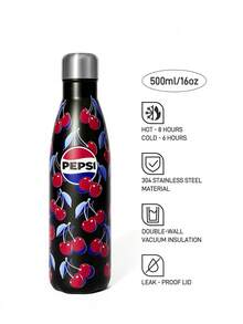 PEPSI X SHEIN 16盎司/500毫升帶手柄保溫杯，真空隔熱卡通圖案水壺，防漏蓋，不鏽鋼旅行杯，車用杯，返校季 - 黑色 - 查看 3