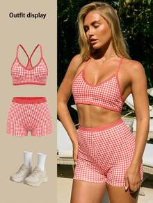 Fluxe Women Cute Red Plaid Camisole Top Paired With Matching High-Waisted Shorts Is Perfect For Everyday Wear, Yoga, And Gym Includes Removable Breast Pads - Red - View 11