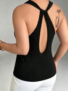 SHEIN Dewbera Plus Size Solid Color Hollow Back Sports Tank Top - Black - View 3