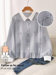 CosyJoli Plus Size Women's Colorblock Patchwork Button-Down Shirt, Casual Cute Kawaii, Long Sleeve Babydoll Top, Autumn Outing, Graduation Back-To-School White - Blue - View 4
