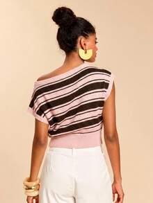 Travachic Women's Colorblock Pink Stripe Asymmetric Collar Knit Top Everyday Date Summer Retro Vintage 70s 70s Retro Casual - Multicolor - View 2