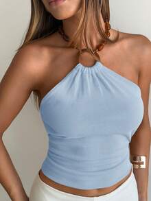 Aloruh Women's Elegant Sexy Light Blue Halter Neck Chain Decor Pullover Knit Top, Casual Minimalist Hand-Knitted Top Vacation Summer - Baby Blue - View 5