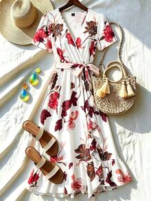GlowEve CURVE Spring Summer Vacation Elegant Boho Casual Ruffle Design Digital Print Plus Size Dress Beach Pink Floral - Apricot - View 1