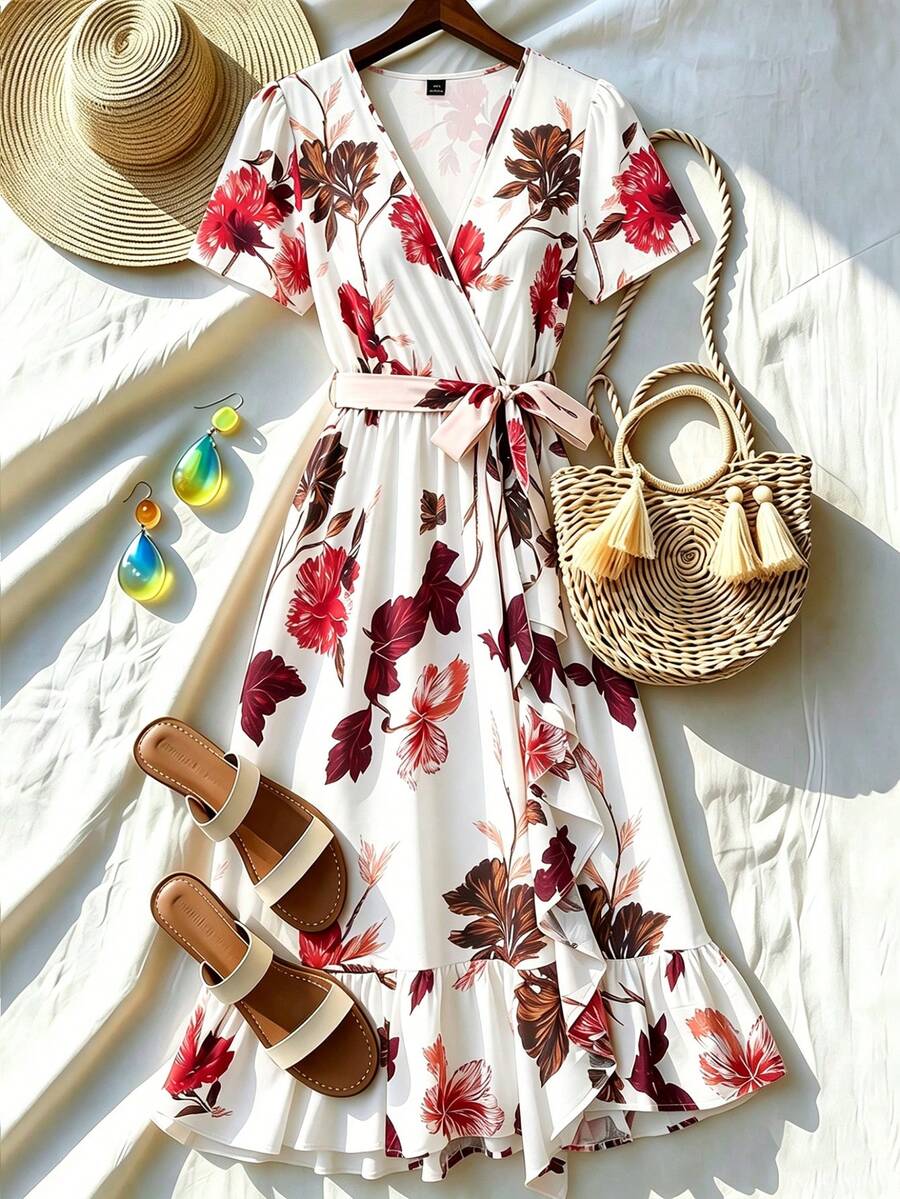 GlowEve CURVE Spring Summer Vacation Elegant Boho Casual Ruffle Design Digital Print Plus Size Dress Beach Pink Floral - Apricot - View 1