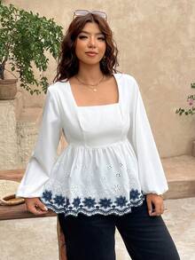 SHEIN Frenchy Plus Size Women Square Neck Pleated Burnout Embroidery Casual Versatile Daily Wear Blouse Elegant Boho Style Business Formal Party All White Autumn - White - View 2