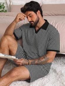 DAZY 男士夏季條紋V領短袖上衣與短褲家居服套裝 - 彩色 - 查看 4