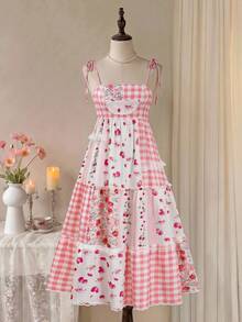 Sweetness Women's Cute Countryside Style Patchwork Strawberry Plaid High Waist Midi Dress, Suitable For Spring And Summer Vacation - Pink - View 5