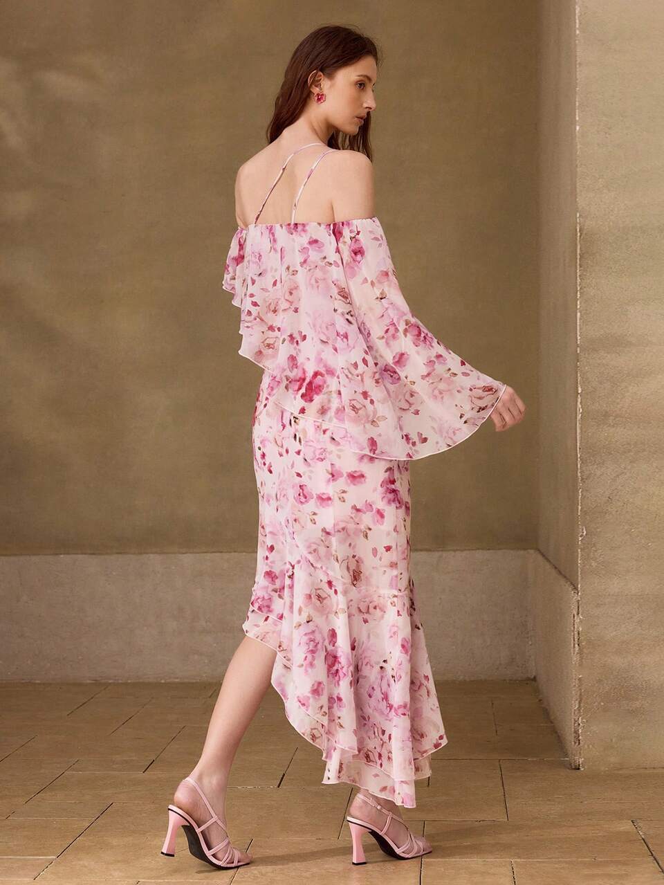 MOTF ALLOVER FLORAL PRINT ASYMMETRICAL SHOULDER LAYERED RUFFLE HEM DRESS