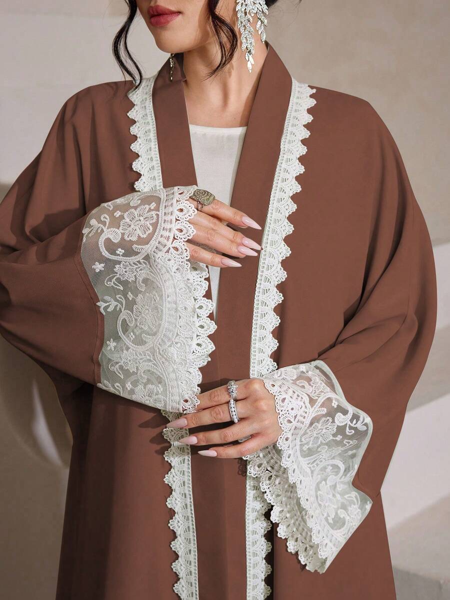 Al Najma 水溶性蕾絲飾邊開襟衫,純色優雅杜拜風長袖阿巴亞 - 咖啡棕 - 查看 1