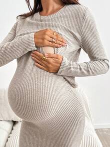 SHEIN Women's Maternity Brown Crew-Neck Long-Sleeve Slim-Fit Casual Soft Form Dress Nursing Function Autumn Homewear Breastfeeding Postpartum - Khaki - View 6