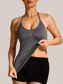 Barelissa 1pc Seamless Spaghetti Strap Camisole Tank Top, Bralette-Free Sports Casual Inner Layering Top, Can Be Worn As Outerwear - Grey - View 1