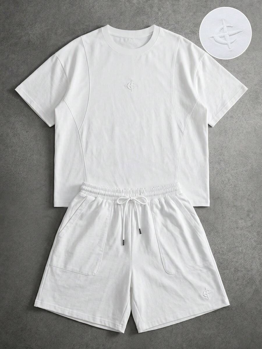 PAVTROS Men's Young Casual Beige Embroidered Everyday Versatile Exquisite Commute Short Sleeve T-Shirt Set - White - View 1
