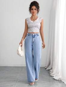 SHEIN Clasi Street Style Casual Light Blue Washed Versatile Button Rivet Detail Chain Hardware Wide Leg Straight Daily Wear Jeans For Women - Light Wash - View 3