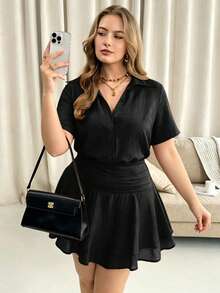 Vionelle Plus Size Women's Elegant Casual Solid Color Pleated Short Two Pieces Set For Spring And Summer Vacation Black Date Vacation Vacation Night Formal - Black - View 7