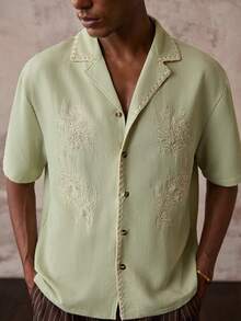 Vientiro Men Summer Retro Coconut Embroidery Floral Pattern Short Sleeve Shirt - Mint Green - View 2