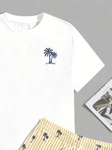 Sorvial Men's Casual Vacation Coconut Tree Print T-Shirt And Striped Shorts Set - White - View 6