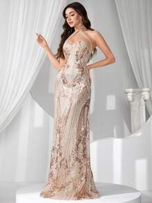 Coutiva Women's Formal Evening Gown Heavily Embellished Beaded Sequins Maxi Dress,Prom Graduation Gift,Suspender Summer Party Dress For Wedding Guest - Apricot - View 1