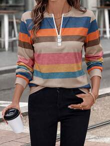 EMERY ROSE 休閒極簡優雅浪漫復古條紋印花女款正式運動衫，通勤穿搭，半拉鍊前開襟圓領女款運動衫 - 白色 - 查看 3