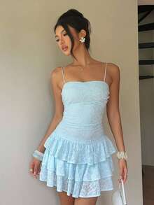 Aloruh Women's Textured Multi-Layer Cake Ruffle Cami Romper Vacation Club Light Blue Summer Sexy Cute - Apricot - View 5