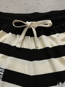 ROMWE MEN Men's Striped Letter Print Drawstring Waist Pocket Casual Shorts - Black and White - View 3