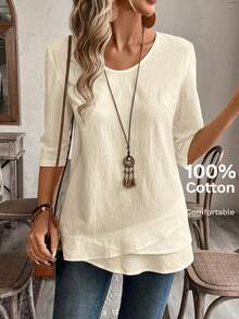 EMERY ROSE Blusa blanca con cuello en V y dobladillo de patchwork para mujer - Beis - Ver 1