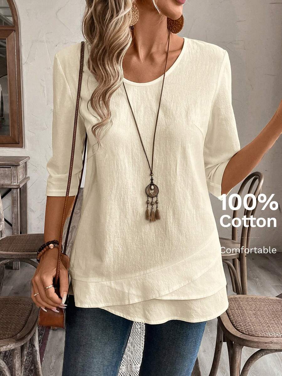 EMERY ROSE Blusa blanca con cuello en V y dobladillo de patchwork para mujer - Beis - Ver 1