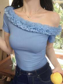 DAZY 女款純色露肩修身黑色短袖T恤，春夏款 - 淺藍色 - 查看 6