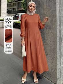 DAZY Spring Summer Loose Casual Elegant Round Neck Blue Women's Long Dress - Rust Brown - View 1