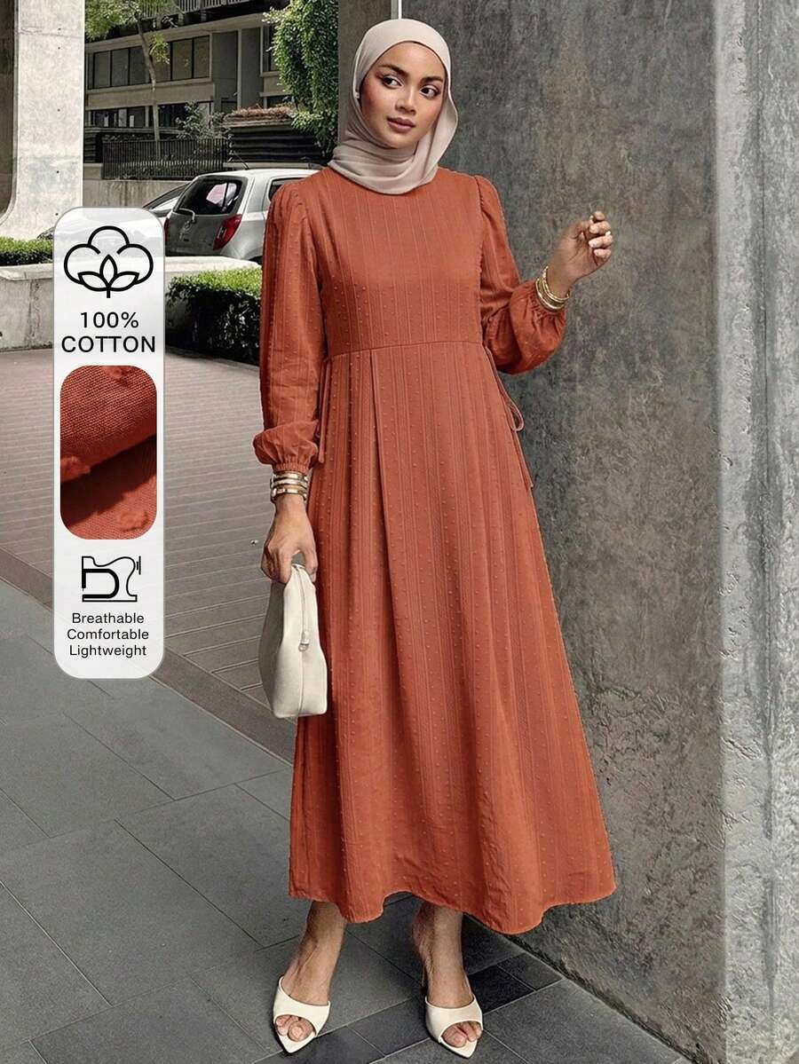 DAZY Spring Summer Loose Casual Elegant Round Neck Blue Women's Long Dress - Rust Brown - View 1