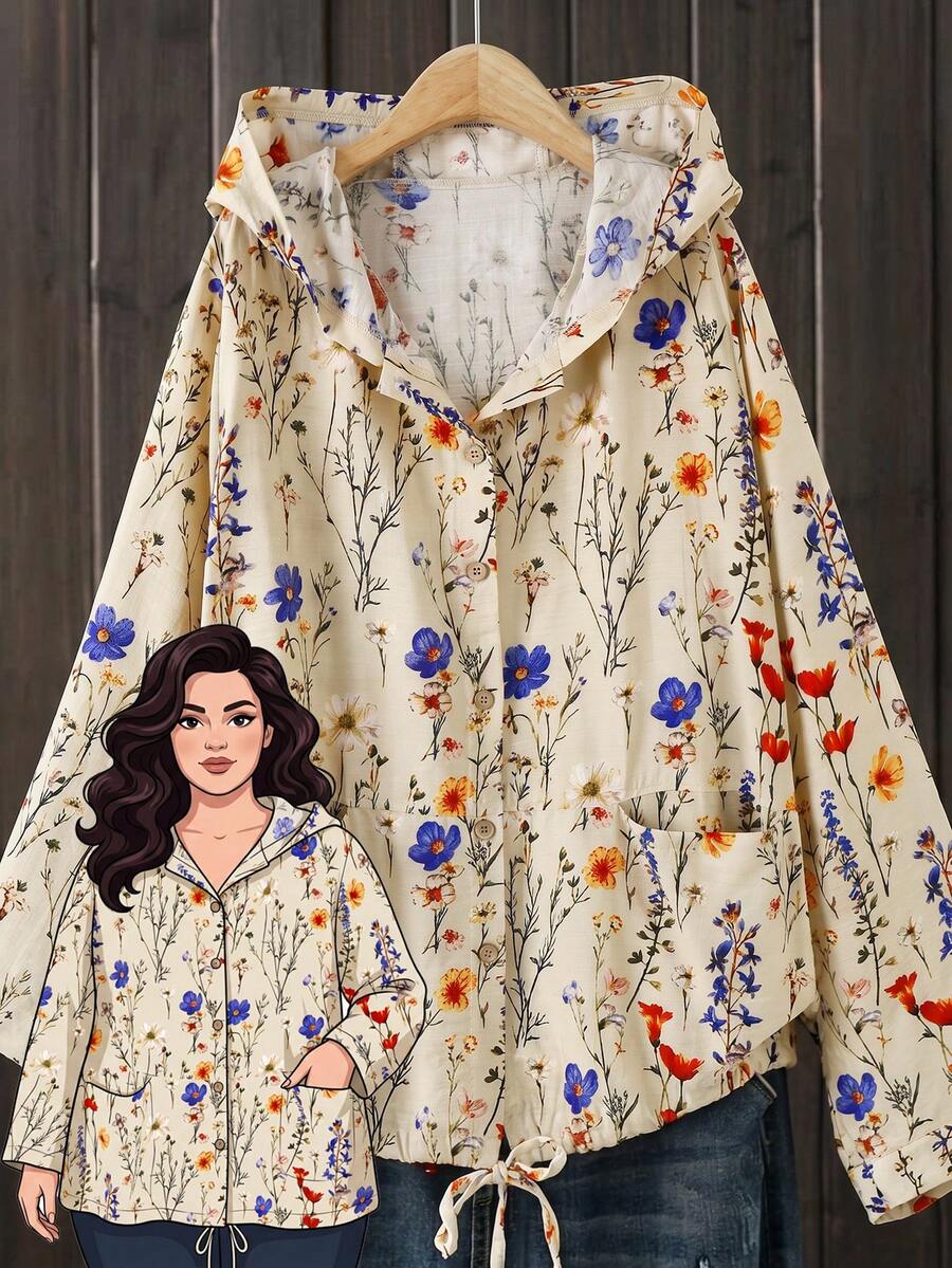 Rusticease Plus Size Autumn/ Casual Floral Print Hooded Jacket Dinner Fall - Multicolor - View 1