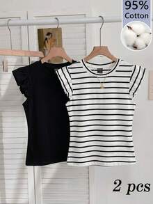 Tseoso 女款 2 件組 95% 棉荷葉袖 T-shirt，白色 + 黑白條紋，優雅復古風，適合上班與約會 - 彩色 - 查看 13