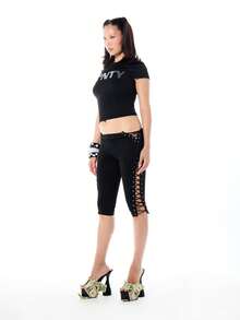 SUMWON WOMEN Lace-Up Capri Leggings With Side Eyelet Detail And Corset-Style Tie Closure Cropped Length - Black - View 3