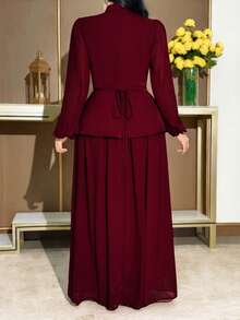 Modelyn Plus Size Women's Spring/Autumn Formal Elegant Stand Collar Lantern Sleeve Faux Pearl Decor Peplum Waist Pleated Hem Dress Evening Wedding Burgundy - Burgundy - View 4