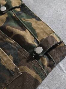 Manfinity Denimwave 男士迷彩字母印花口袋鈕扣休閒牛仔短褲，度假風 - 軍綠色 - 查看 4